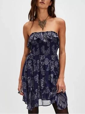 Free people gardenia blue glitter strapless mini dress